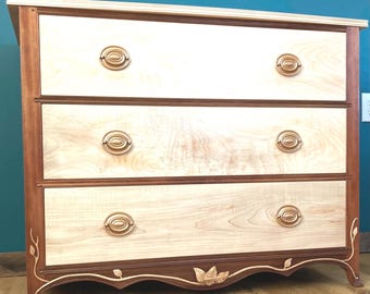 Handcrafted Mahogany & Maple 3-Drawer Dresser with Hand Carved Leaves