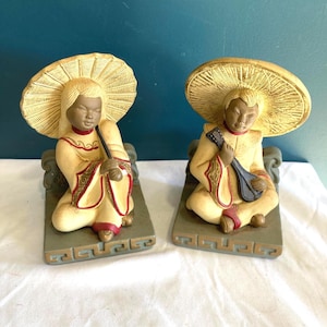 Vintage Devonware Chalkware Asian Boy and Girl Hand Painted Bookends