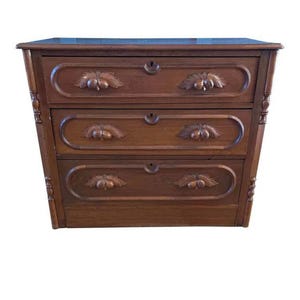 Antique Walnut Dresser with Acorn Carvings – 3 Drawer Chest