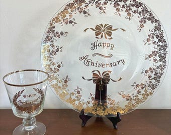 Vintage Happy Anniversary Glass Plate and Goblet Set Gold Floral Decor