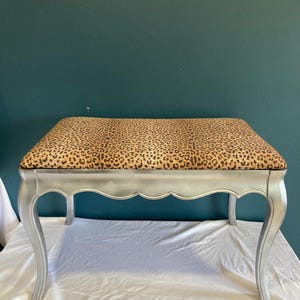 Vintage Small Painted Bench With Leopard Upholstery