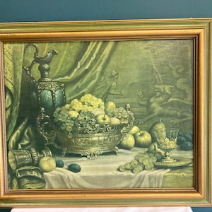 Vintage Framed Still Life Painting – Grapes, Goblet & Fruit, Gold Frame