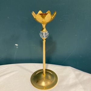 Vintage Brass Tulip Shaped Candle Holder with Crystal Accent