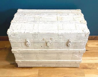 Antique White Distressed Wooden Steamer Trunk