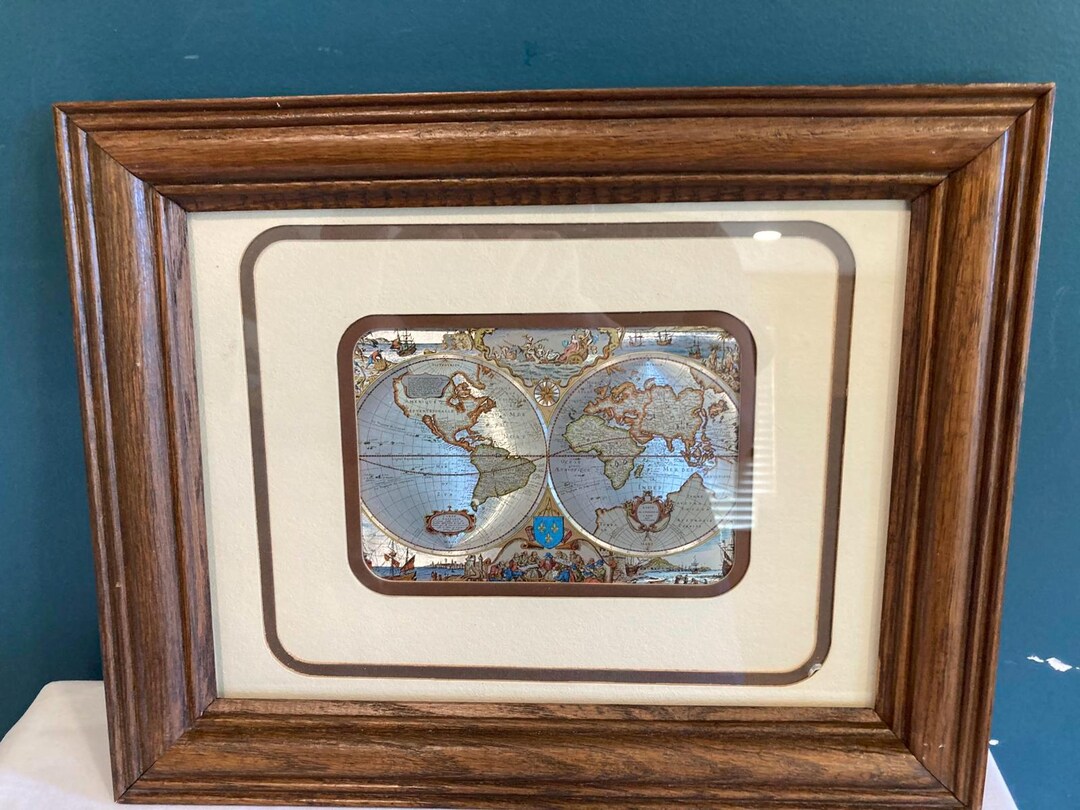 Framed Vintage World Map Print – Double Hemisphere Nautical Map - Etsy