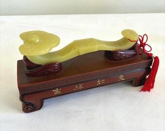 Vintage Chinese Green Jade Figurine With Wooden Base, 7 1/4