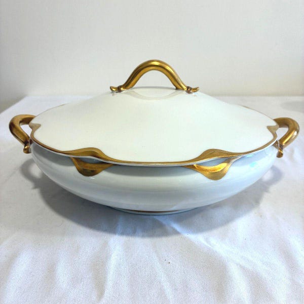 Antique Haviland Limoges Covered Tureen, White & Gold Handled Serving Dish