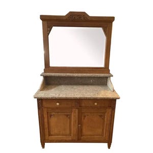 Antique Hand-Carved Walnut Buffet with Marble Top and Beveled Mirror