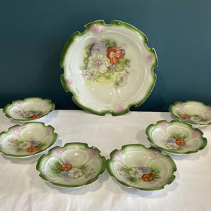 Prussia Austrian Green Floral Large Serving Bowl with 6 Small Bowls