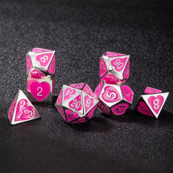 Ensemble de dés en métal coeur rose, dés Rpg, donjons et dragons, cadeau du MDN, cadeau de la Saint-Valentin, cadeau pour joueur de jeux de rôle, cadeaux pour elle