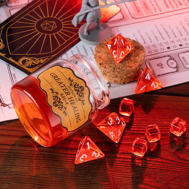 Dadi poliedrici pozione di guarigione, set di dadi luminosi con tubo di vetro pozione, pozione Dnd, DungeonsandDragons, gioco di ruolo, regalo per giocatore di ruolo immagine 3