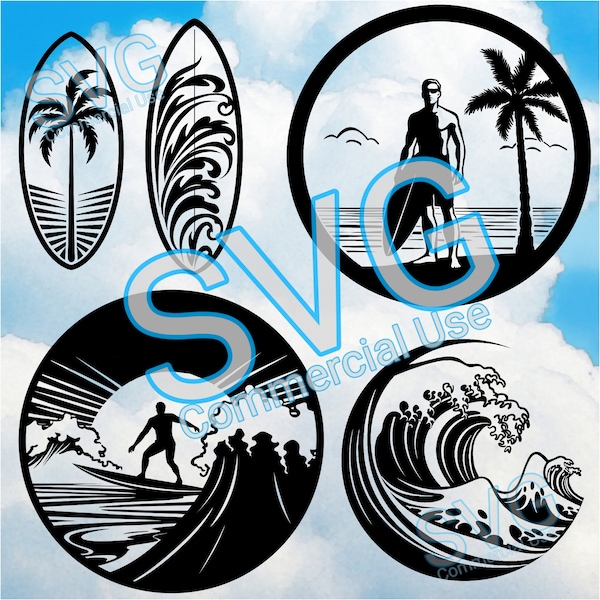 SVG Surf Surfer Man Hawaï Waves Beach , clipart , svg bundle , cuting file , fichiers de découpe , Cricut Scan and Cut , commercial licence