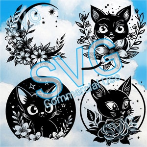 Cat Moon Flowers , Cat Moon Flowers , SVG BUNDLE File scaricabili , Cricut Brother Scann e Cut Silhouette uso commerciale Boho