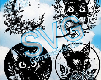 Cat Moon Flowers , Chat Lune  Fleurs , SVG BUNDLE Fichiers Téléchargeables , Cricut  Brother Scann and Cut  Silhouette commercial use Boho