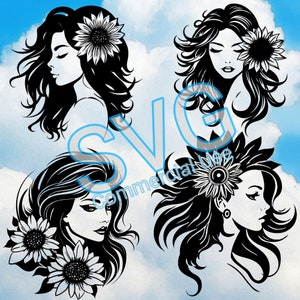 Femme Tournesol  woman sunflower flower bohème SVG BUNDLE , Cuting file , Découpe  Cricut Scan and Cut Silhouette , Commercial licence