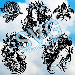 Donna Fiore Lyli, Donna Fiori Giglio. SVG BUNDLE File scaricabili, Cricut Brother Scann e Cut Silhouette. licenza commerciale