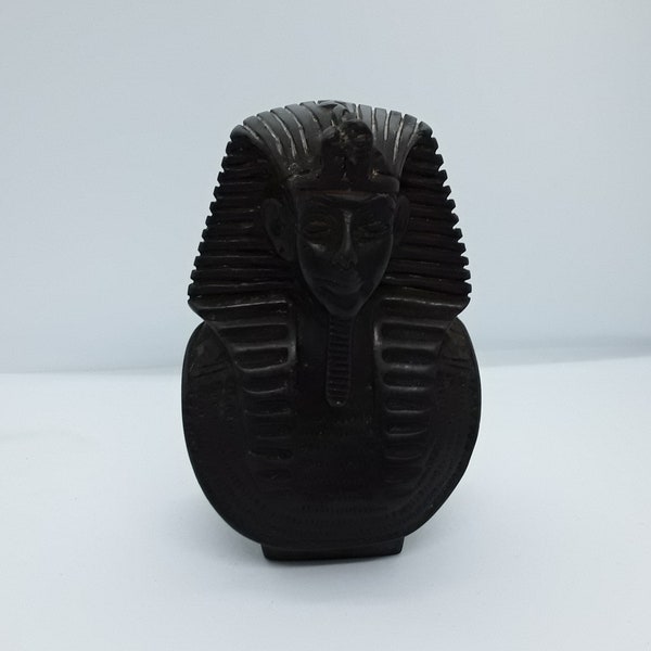 Pharaoh King Tut Tutankhamun / Tutankhamen Bust, Vintage 70s Black Basalt Stone Artisan Hand Carved in Egypt Replica Ancient Egyptian