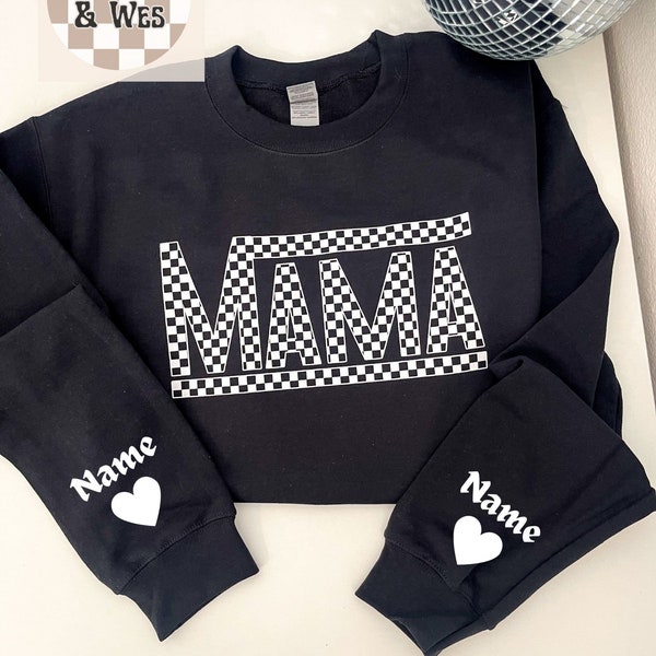Mama sweatshirt, checkered trendy mama sweatshirt, custom mama sweatshirt, custom mama sweatshirt with kids names, gift for her, mom gift