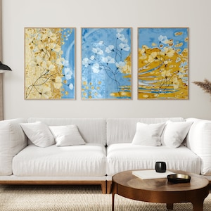 Arte mural abstracto de diseño nórdico de lujo. Azul y dorado. Juego de 3 descargas digitales. Formato ISO A1. Ultraalta resolución.