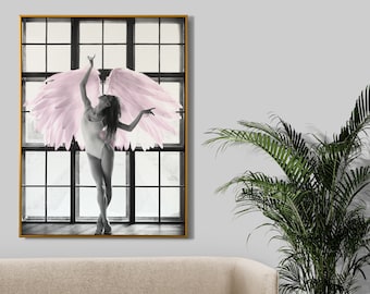 Ballerina Angel Print: Pink Wings, Black and White (Digital Download)