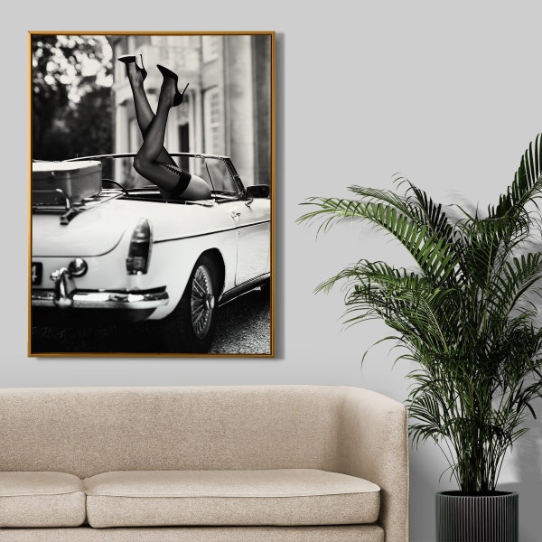 Stiletto High Heels Over Car, Retro Glamour Wall Art, Black and White, luxury designer Fashion printable wall art print. Digital Download.