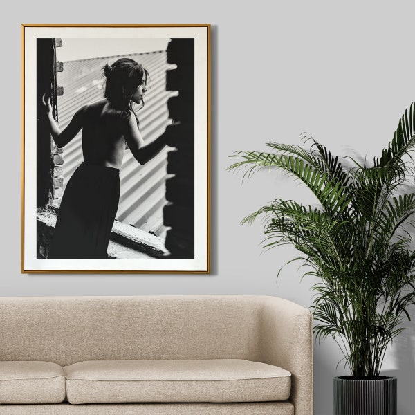 Lady In Window, Black and White, Trendy Wall Art, Sexy Fashion Poster, Digital Download.