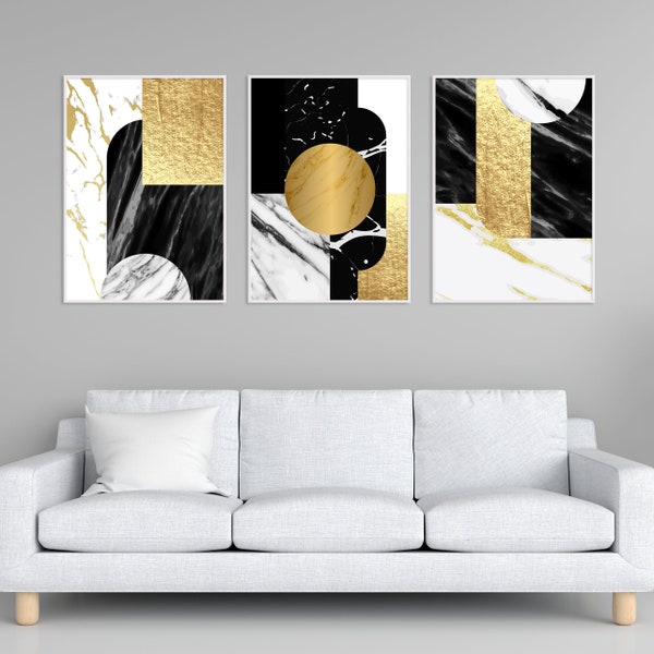 Abstract Nordic Art. Black and Gold Marble. Set of 3 Designer Fashion Printable Wall Art. Digital Downloads. A0 Size.
