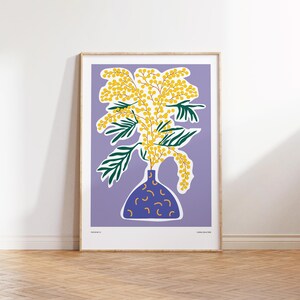 Modern Mimosa Flower Art Print, Minimalist Botanical Wall Decor, Purple Background Digital Download, Contemporary Poster, Spring Summer Vibe