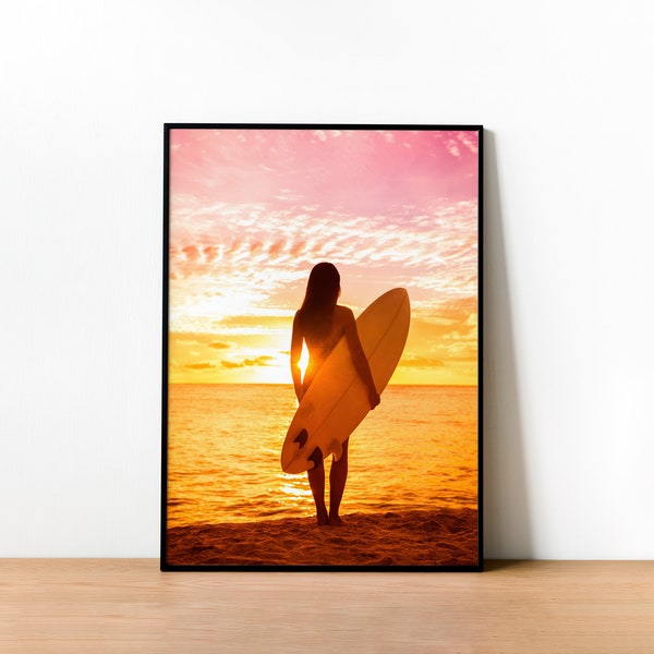 Surfer Girl Pink Sunset. Fashion Designer Digital Wall Art. Ultra High Resolution. Download Only.