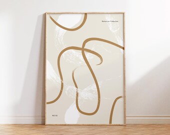 May include: Abstract art print with a beige background and brown lines. The print has the text "Bohemian Collection" and "NO. 63" in the top right and bottom left corners.