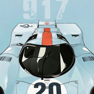 May include: A blue and white race car with the number 20 on the side. The car has a red stripe down the center and the word "Gulf" on the rear wing. The car is a Porsche 917.