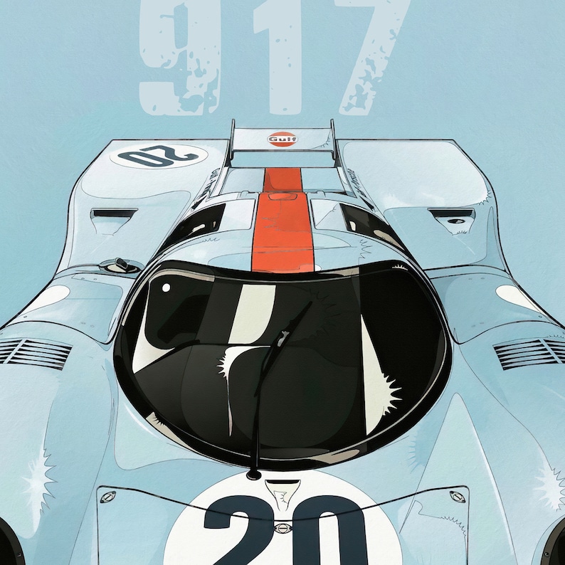 May include: A blue and white race car with the number 20 on the side. The car has a red stripe down the center and the word "Gulf" on the rear wing. The car is a Porsche 917.