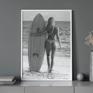 Beach-side Surf Girl with Surfboard | Coastal Bikini Fashion | Ocean Adventure Lifestyle Photography | Instant Download