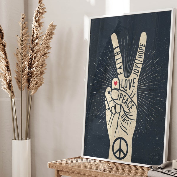 Peace hand gesture, Funky Cool Designer Fashion, Vintage styled, Printable Wall Art, Indie Room Decor, Digital Download
