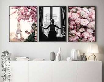Romantic Paris Blush Pink 3 set. Elegant Fashion Wall Art. Digital download.