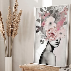 Bouquet de capitules, illustration de mode de créateur, dame élégante, art mural imprimable tendance. Téléchargement numérique. Ultra haute résolution.