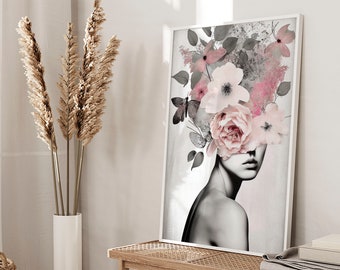 Flower Head Bouquet, Designer Fashion Illustration, Elegant Lady, Trendy Printable Wall Art. Digital Download. Ultra High Resolution.