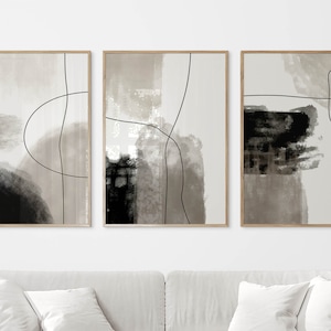 Neutral Abstract Art Prints Set: Beige Gray Minimalist Line Drawing (Digital Download)