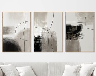 May include: Three abstract art prints in a set. Each print features a white background with black and brown abstract shapes and lines.