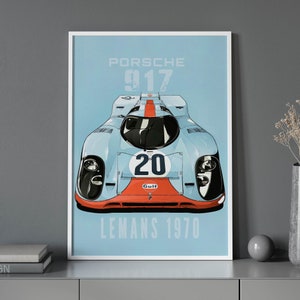 May include: A blue and orange vintage race car poster with the text "Porsche 917 Le Mans 1970".