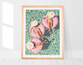Ladies in Pool, Wearing Bikinis. Chill, Vacation Vibe. Fashionable, Printable Wall Art. Digital Download