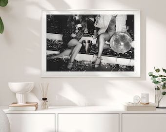 Party Girls. Disco Globe. Luxury Designer Fashion Printable Wall Art. Black and White Glamour Photo. Instant Download.