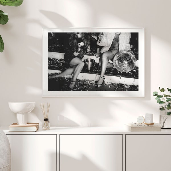 Party Girls. Disco Globe. Luxury Designer Fashion Printable Wall Art. Black and White Glamour Photo. Instant Download.