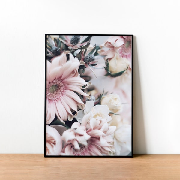 Close-Up of Gentle Pink Gerbera Daisies and Creamy Roses in Soft pastel tones - Elegant Designer Print, Digital Download