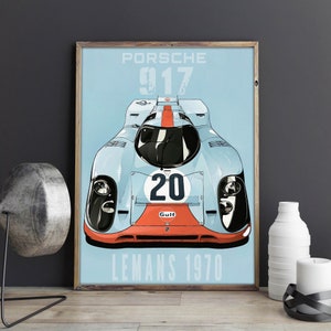 May include: A blue and orange vintage poster featuring a white Porsche 917 race car with the number 20 and the word "Gulf" on the front. The poster has the text "Porsche 917 Le Mans 1970" at the bottom.