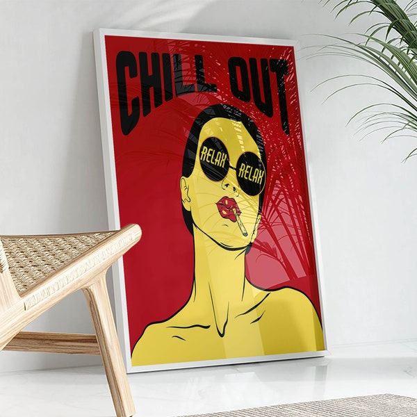 Smoking Lady, Chill Out, Bold Red, Funky Cool Designer Fashion, Printable Wall Art, Indie Room Decor, Digital Download