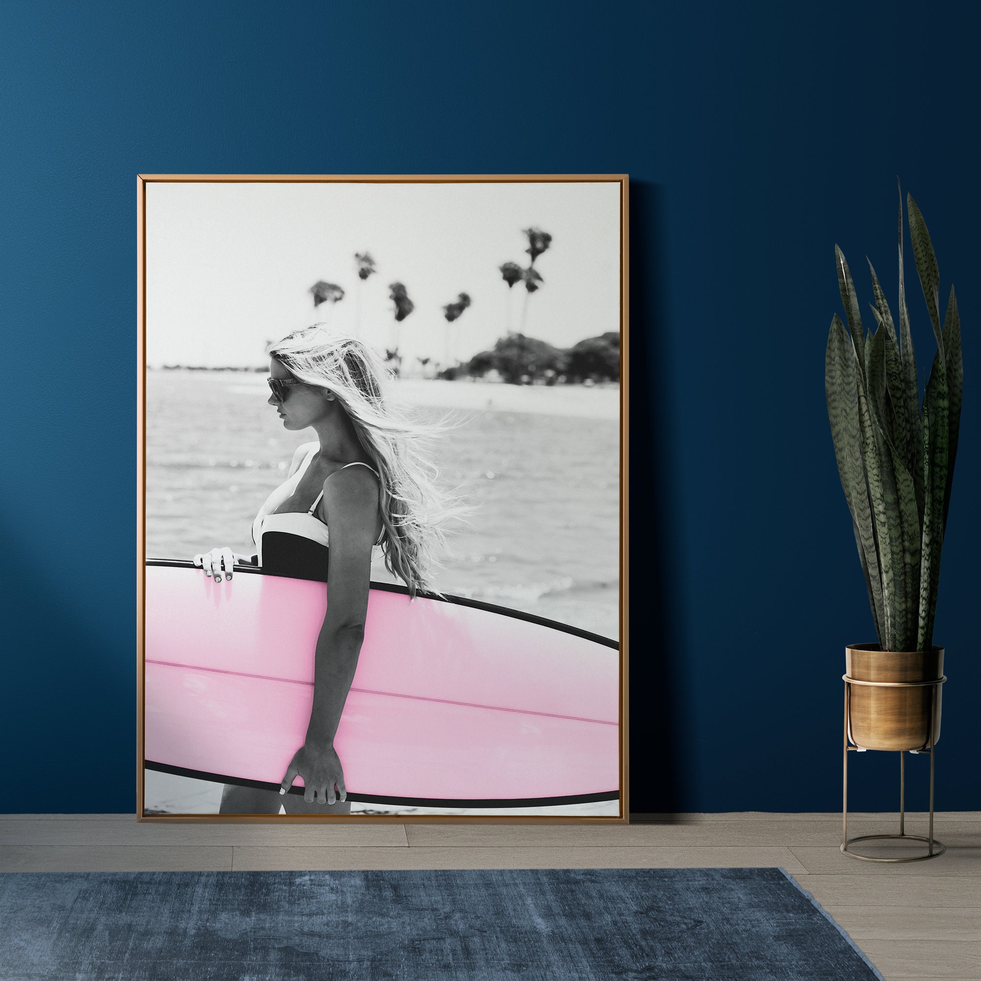 Surfer Girl Pink Surfboard. Designer Luxury Fashion Printable 