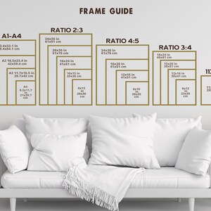 May include: A guide to different frame sizes and ratios for artwork, with measurements in inches and centimeters. The guide shows the standard paper sizes A1, A2, A3, and A4, as well as ratios 2:3, 4:5, and 3:4. The guide also includes a 11x14 inch frame size.