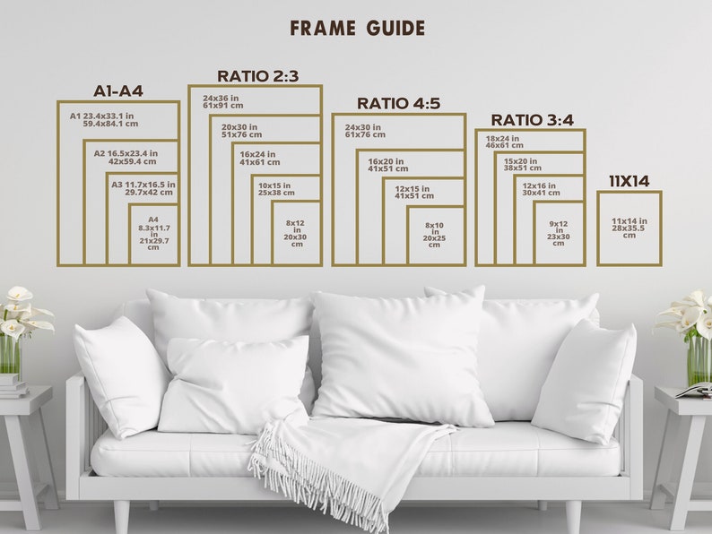 May include: A guide to different frame sizes and ratios for artwork, with measurements in inches and centimeters. The guide shows the standard paper sizes A1, A2, A3, and A4, as well as ratios 2:3, 4:5, and 3:4. The guide also includes a 11x14 inch frame size.