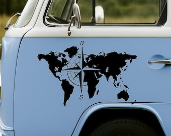 World Map Compass Van Decals (Pair) | Travel Camper Stickers | 65cm & 75cm Sizes | Adventure Vinyl Graphics for Campervans